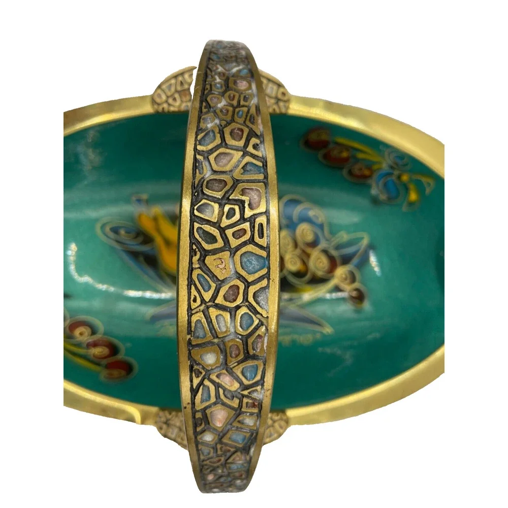 Vintage 1960s Brass Turquoise Enamel Basket With Handle Signed Made in Israel